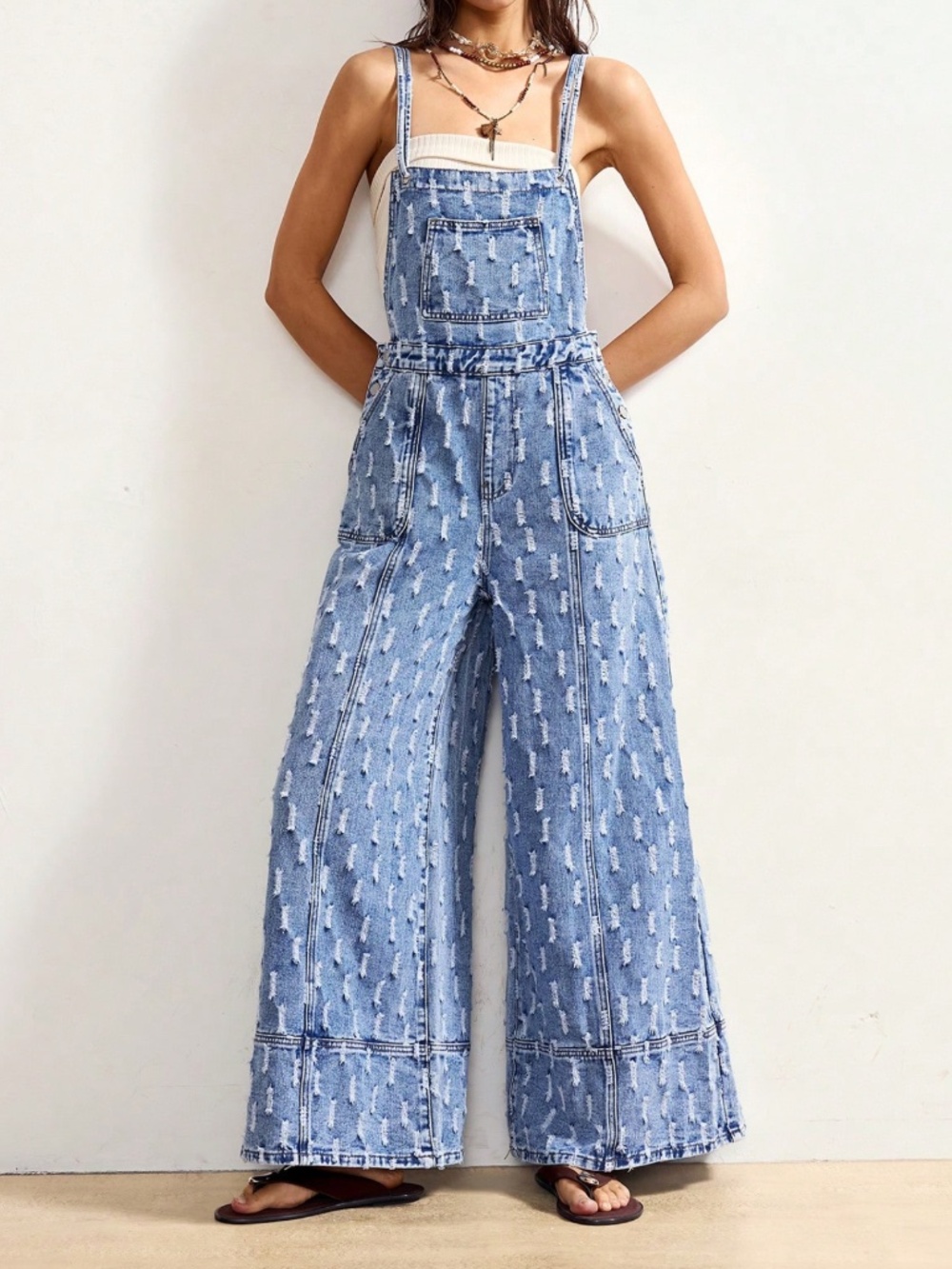 Light Wash Distressed Double Strap High Waisted Wide leg bibs Overalls - Picture 2 of 6